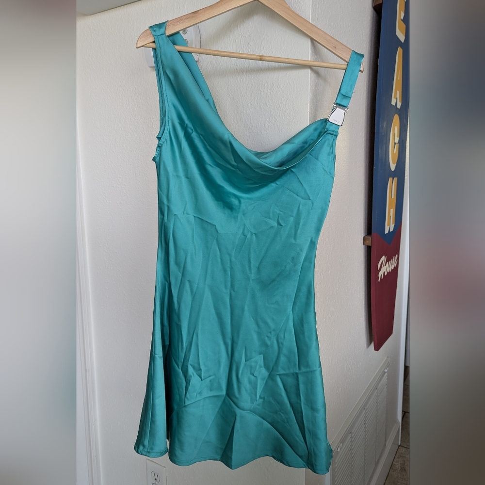 Silk Cowl Neck Mini Dress in Teal